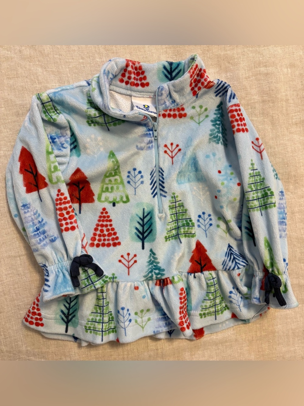 Florence Eiseman Girls 2T Winter Evergreen Pine Tree Fleece Half Zip Peplum Top